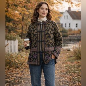 Skyr Womens Cardigan Sz S Black Floral Wool Blend Chenille Embroidered Sweater